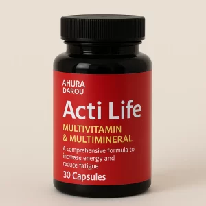 تصویر یک قوطی مشکی استوانهای از کپسول اکتی لایف با لیبل قرمز، طراحی مدرن و جذاب که ترکیب مولتیویتامین و مینرال را برای افزایش انرژی و کاهش خستگی نشان میدهد.